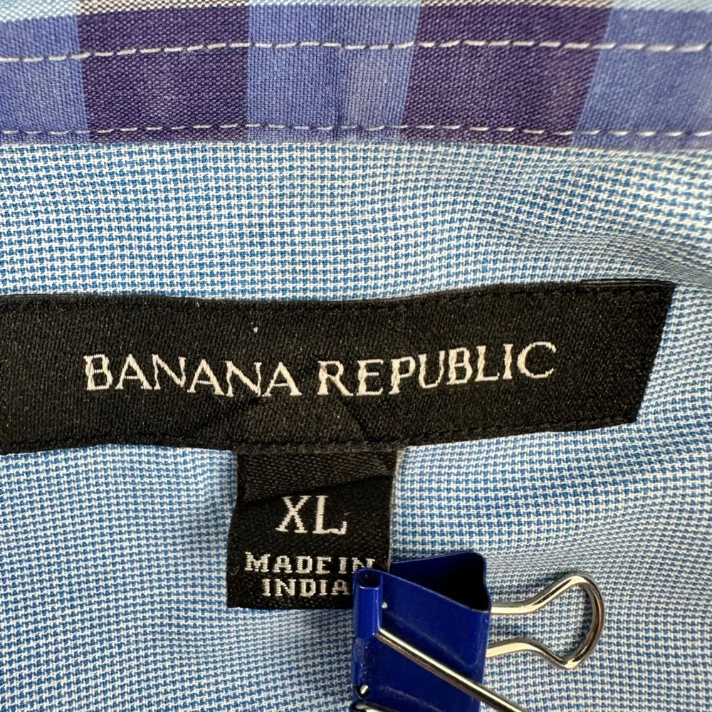 Banana Republic Mens XL Blue White Gingham Short SL Button Down Stretch Shirts